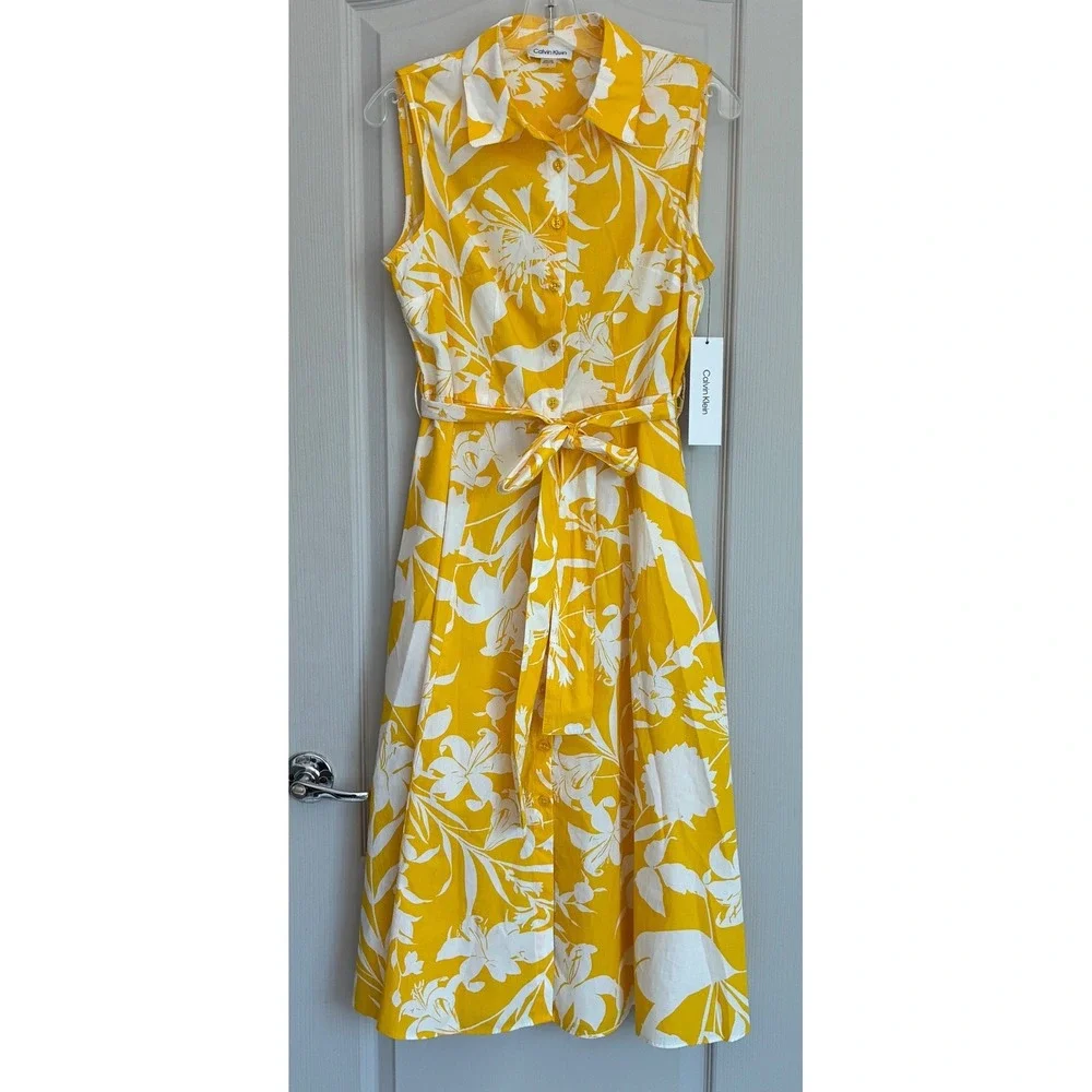 Calvin Klein Womens Yellow Floral Cotton Sleeveless Midi Shirt Dress CD5G3HX4 6 - Picture 2 of 14